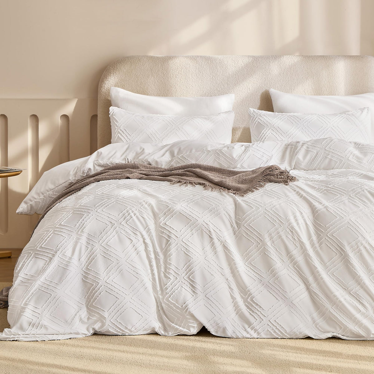 JELLYMONI White Striped Tufted Duvet Cover Set Queen Size