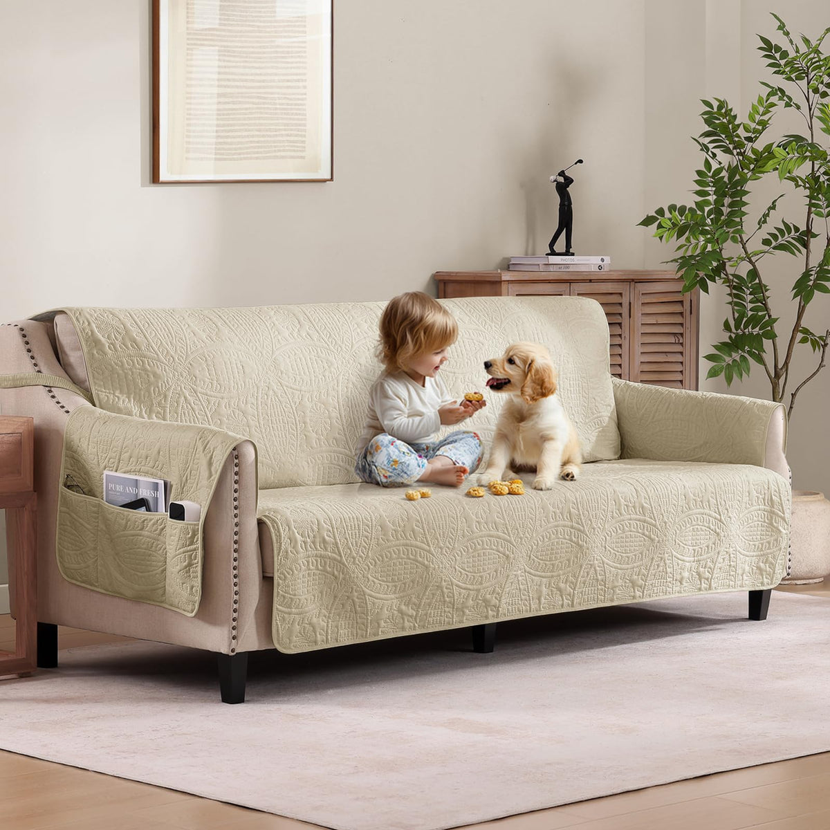 Soft Quilted Couch Cover with Pockets for Extra-Large Sofa, Anti-Slip Sofa Covers Washable for 3 Cushion Pet Friendly Medallion Oversized Sofa Cover Water-Repellent (X-Large Sofa 78", Ivory White)