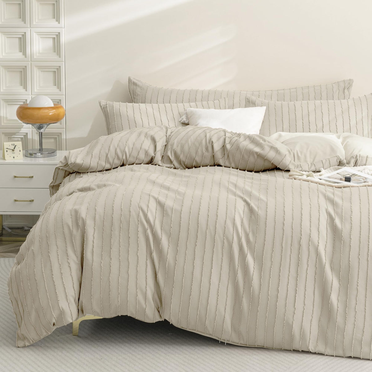 JELLYMONI White Striped Tufted Duvet Cover Set Queen Size