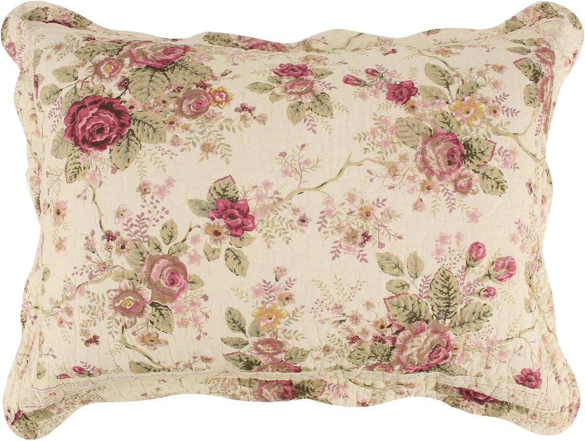 Greenland Home Antique Rose 100% Cotton Quilted Pillow Sham, Standard 20x26-inch, Ecru
