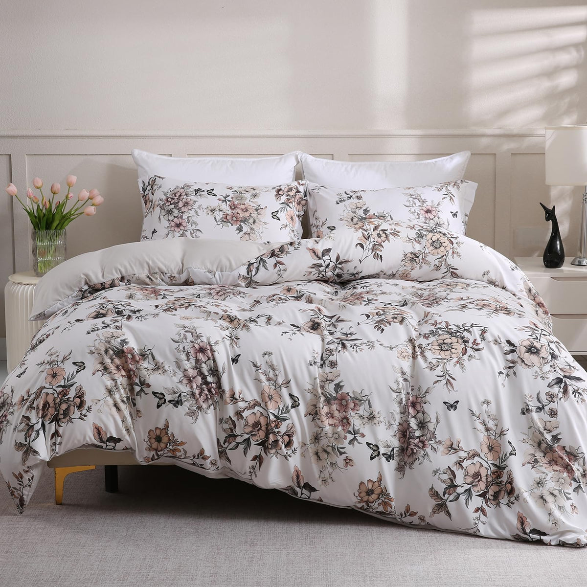 LONAVA Queen Floral 3 Pcs Duvet Cover Set, Breathable Soft Microfiber Glass Green Lining Comforter Cover with Zipper Closure, and 2 Anti-Pilling, Fade Resistant Pillowcases, Fall Floral