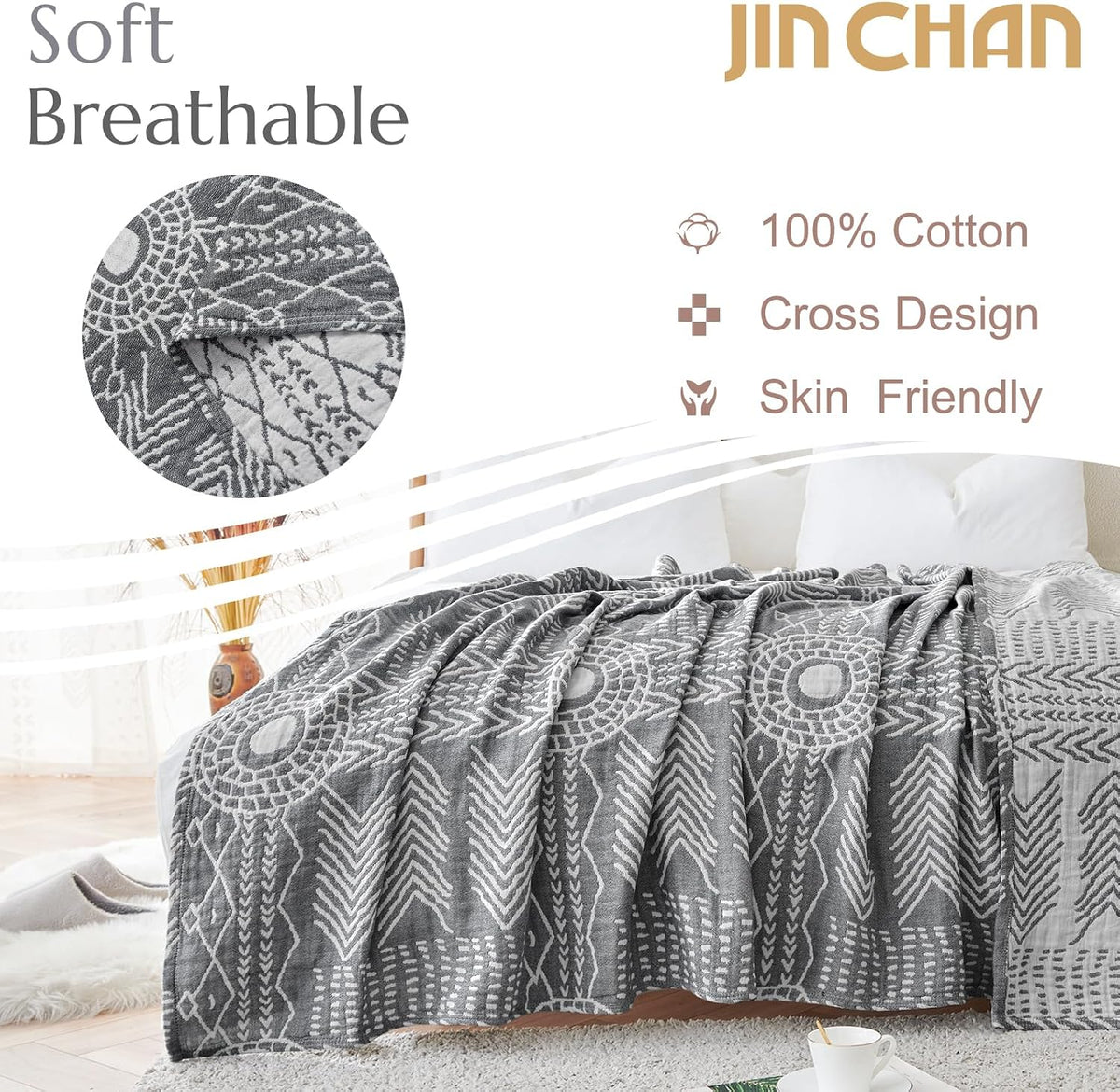 jinchan 100% Cotton Muslin Blanket Twin Boho Throw Blanket 50x60 Gray