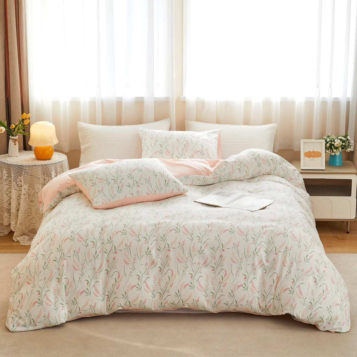 BOLINLIVINGFloral Duvet Cover Set Queen Size, 3Pcs Bedding Set,Green&Purple
