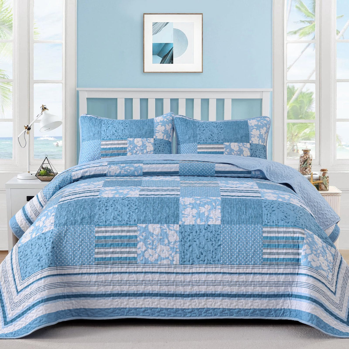 Drucon Green Patchwork Queen Quilt Set, Spring Summer Bedspreads Bedding Set, 3 Pieces Lightweight Soft Plaid Coverlet with 2 Pillow Shams for All Season 96x90 Inch