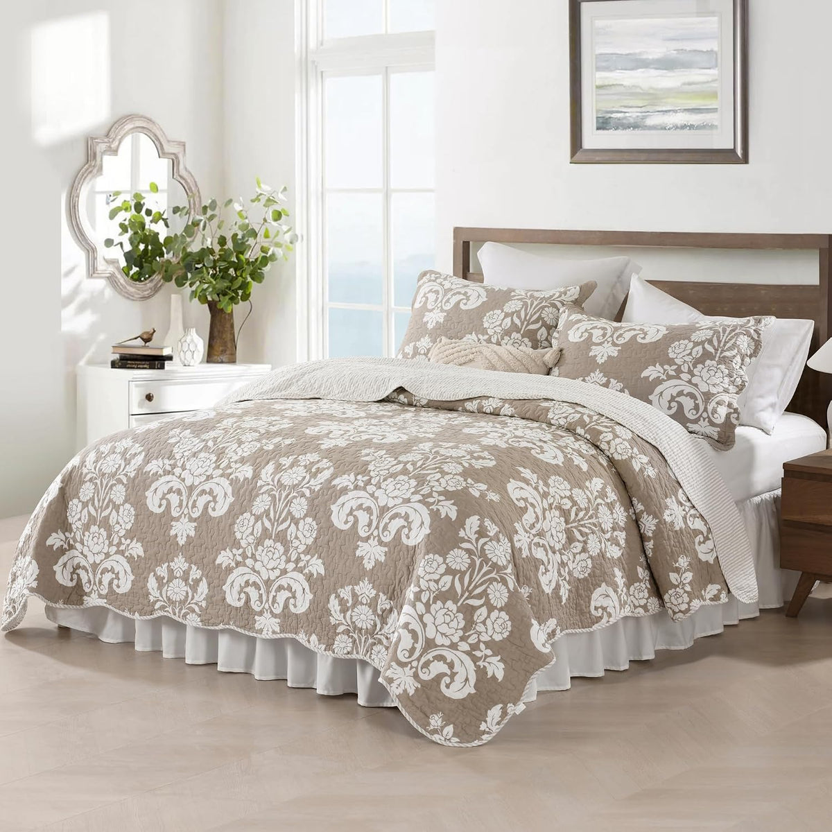 100% Cotton King Quilt Set Taupe Floral Bedding and 2 Pillow Shams