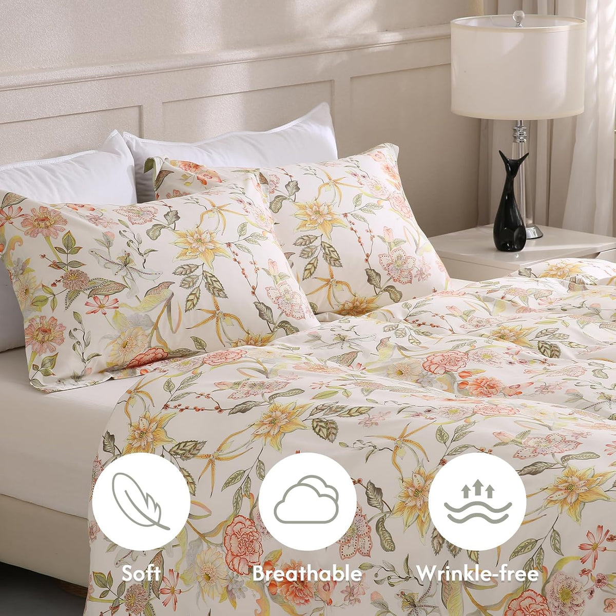 LONAVA Queen Floral 3 Pcs Duvet Cover Set, Breathable Soft Microfiber Glass Green Lining Comforter Cover with Zipper Closure, and 2 Anti-Pilling, Fade Resistant Pillowcases, Fall Floral