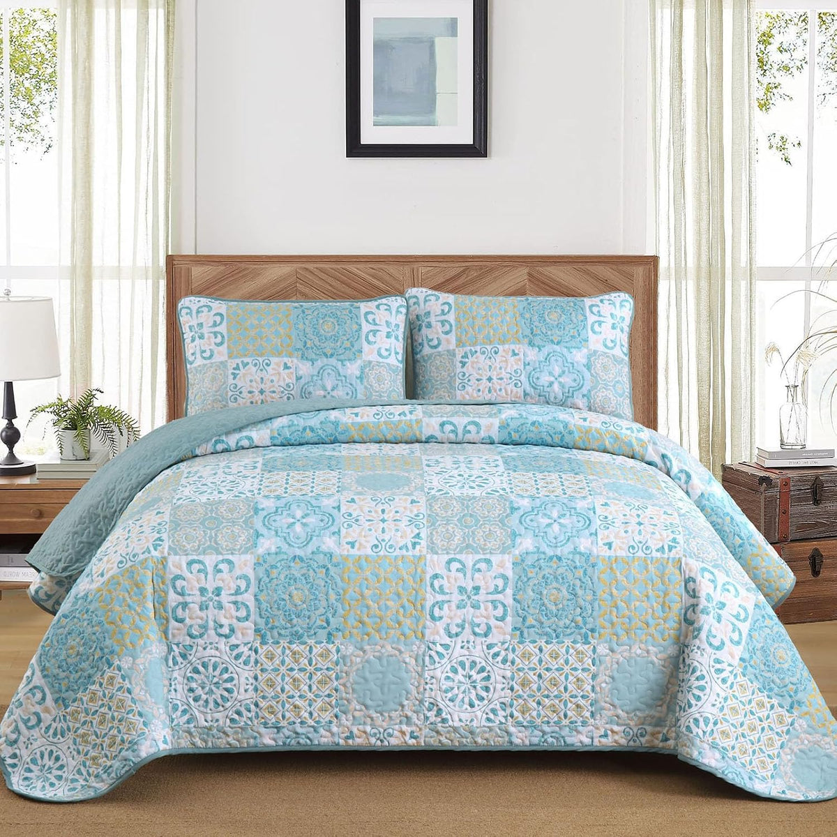 Dobuyly Queen Quilt Set Aqua Blue Patchwork Bedspread 3 Piece