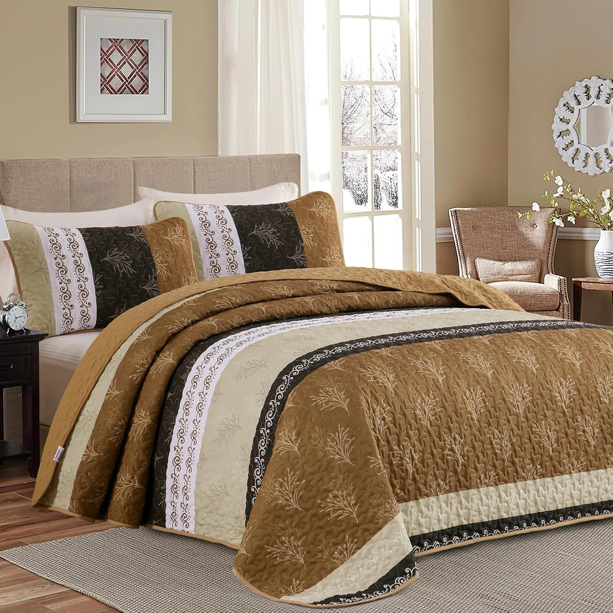 DJY Queen Quilt Set, Lightweight Striped Bedspread Bedding Set, Dark Brown