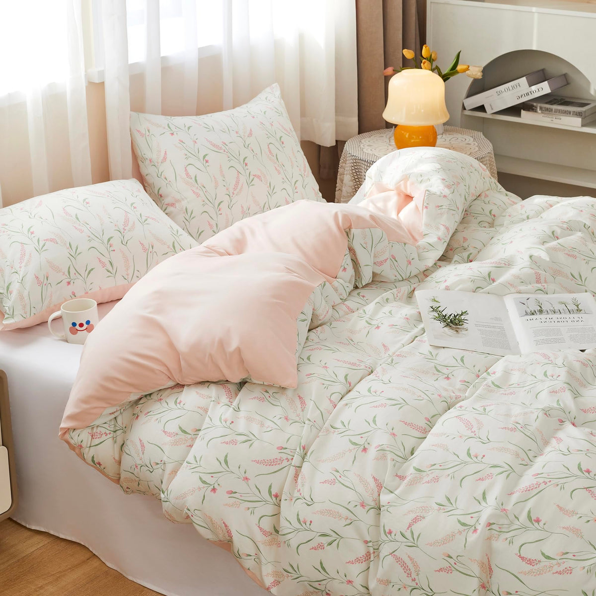 BOLINLIVINGFloral Duvet Cover Set Queen Size, 3Pcs Bedding Set,Green&Purple