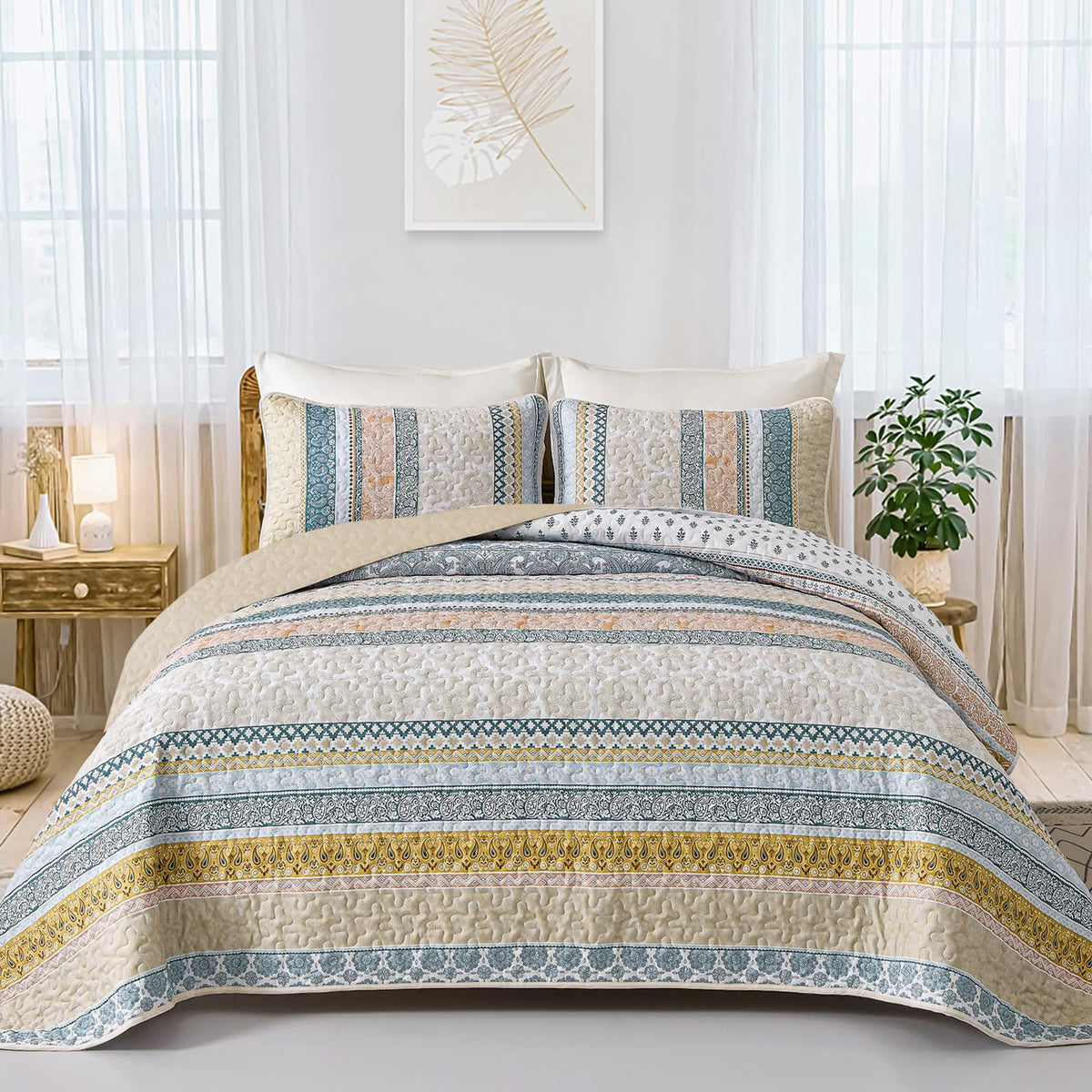 WONGS BEDDING Boho King Quilt Set，3 Pcs Light Blue Summer Bedspread