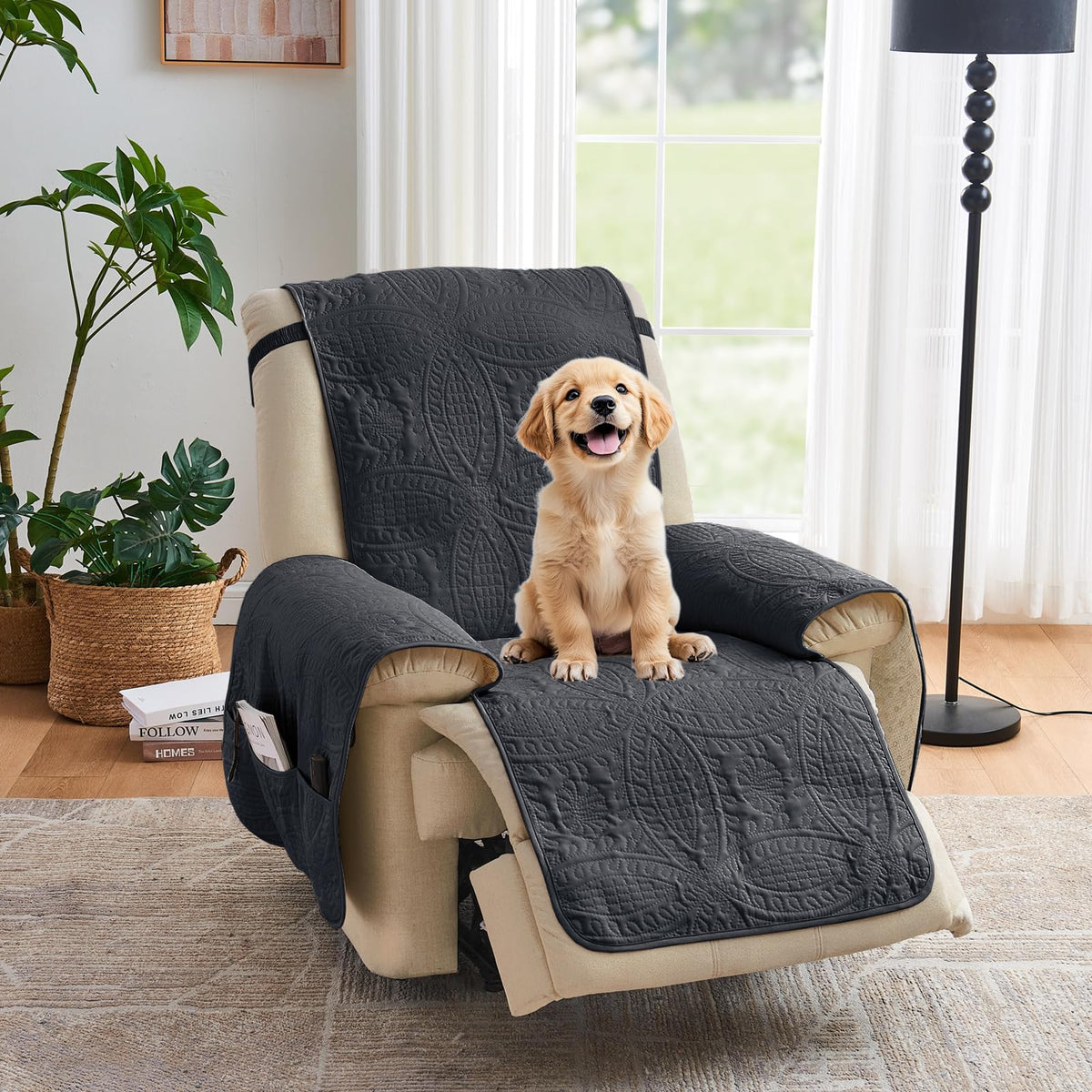 Soft Quilted Couch Cover with Pockets for Extra-Large Sofa, Anti-Slip Sofa Covers Washable for 3 Cushion Pet Friendly Medallion Oversized Sofa Cover Water-Repellent (X-Large Sofa 78", Ivory White)
