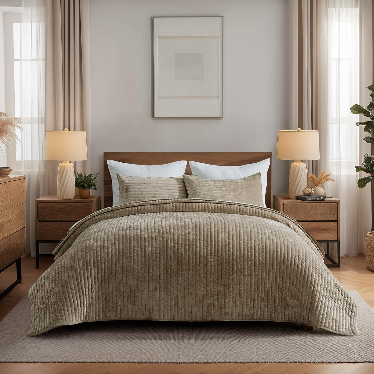 EverGrace Stripe Channel Luxury Velvet Quilt Set King Size, Mocha Brown