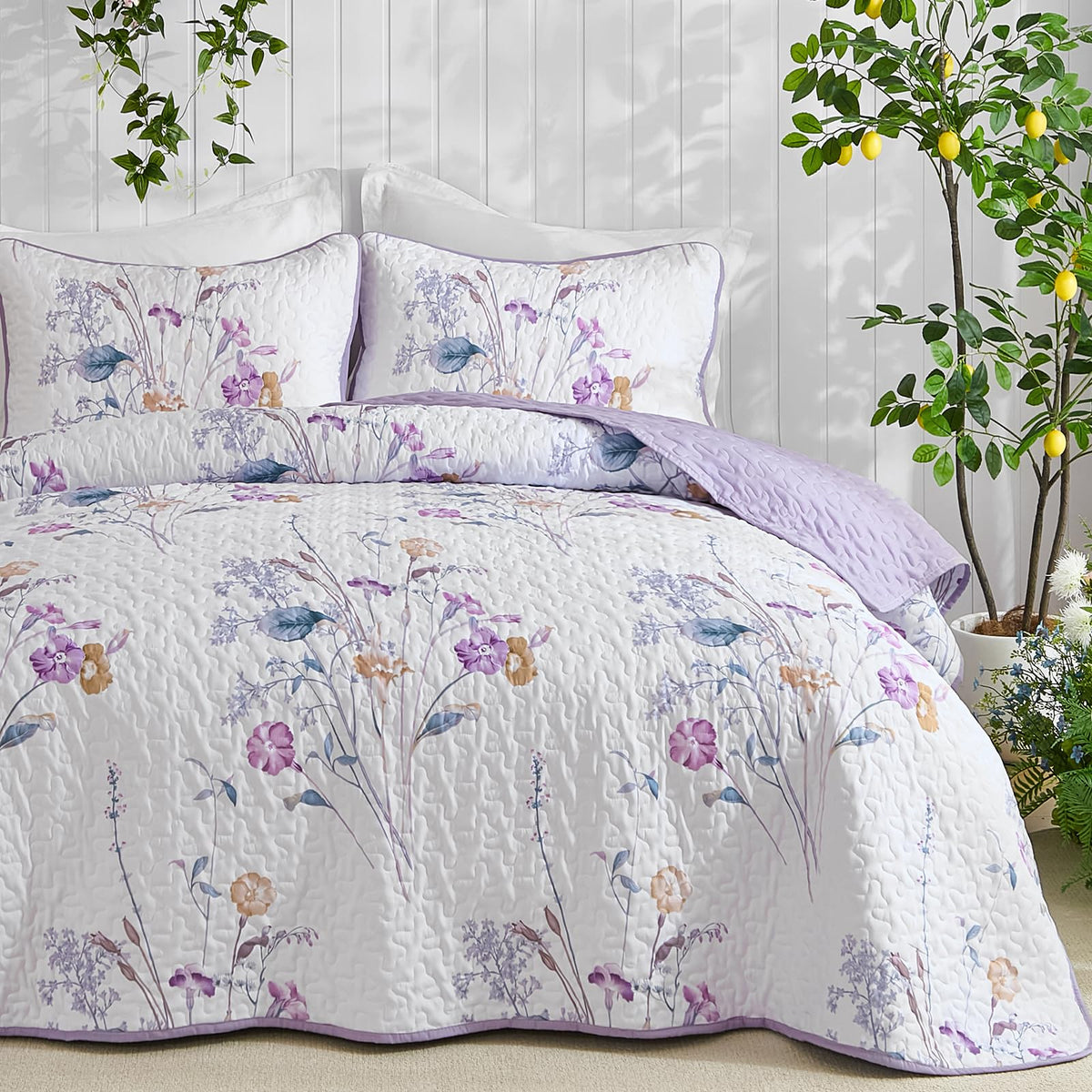 WONGS BEDDING Floral Blue Quilt Set King, 3Pcs Botanical Bedding Set