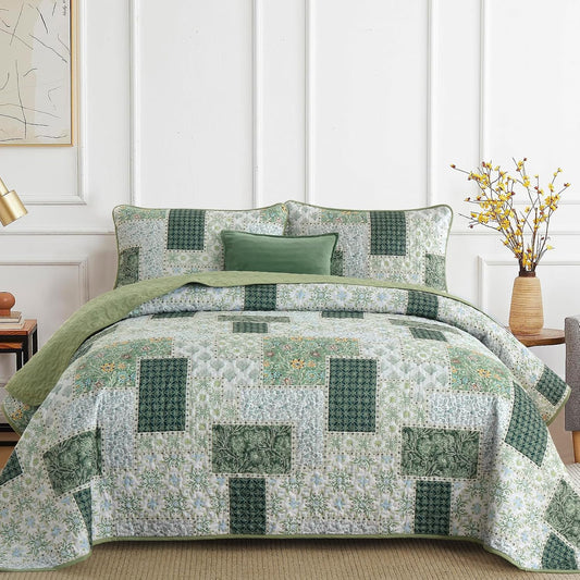 Xruibed Patchwork Quilt Set King Size, 3 Pcs Green Plaid Bedspread Set