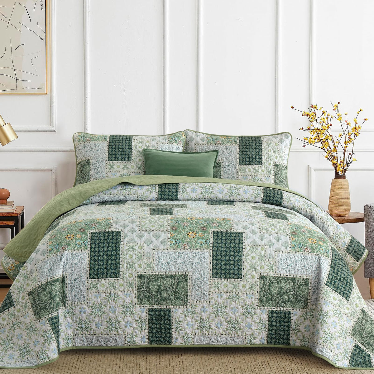 Xruibed Patchwork Quilt Set King Size, 3 Pcs Green Plaid Bedspread Set
