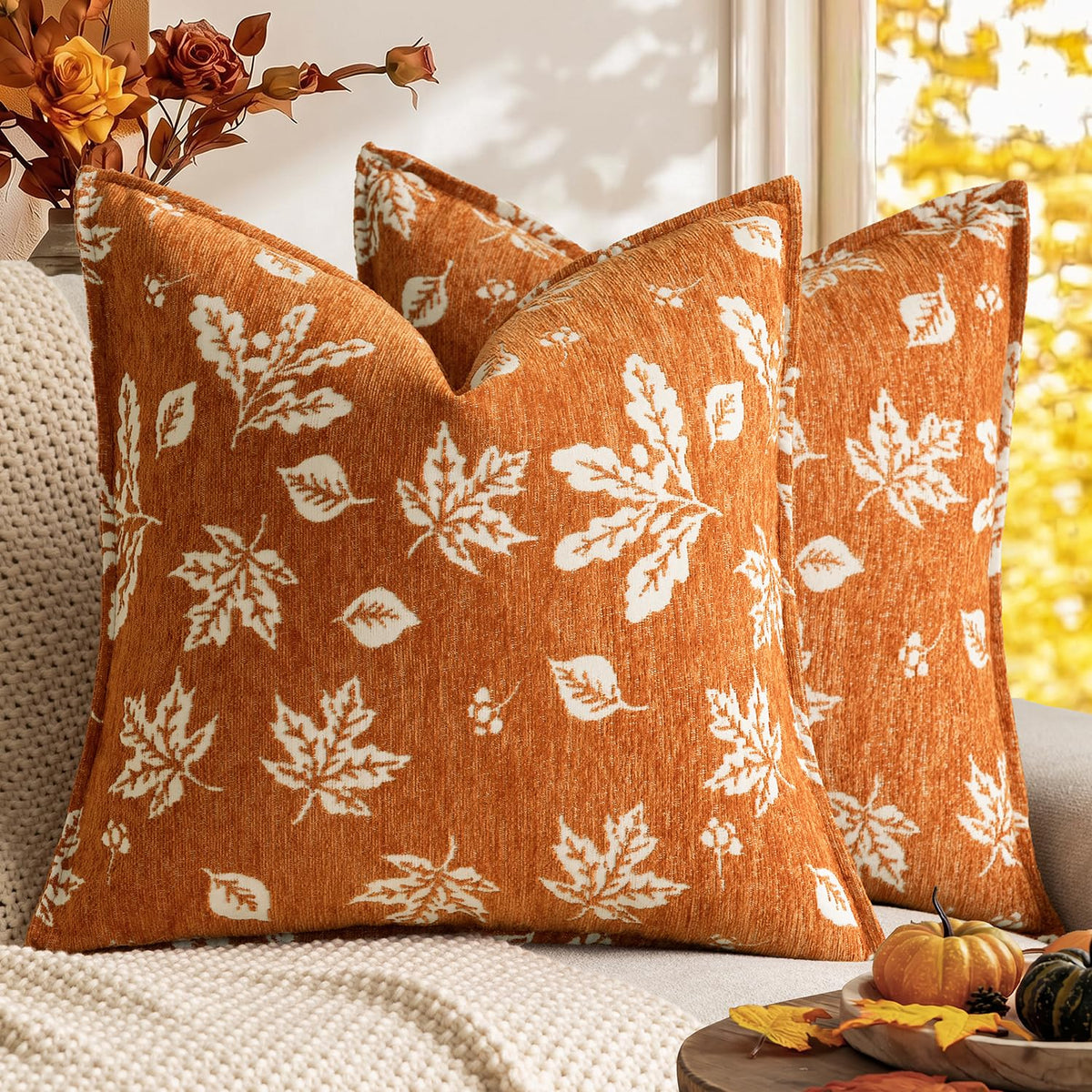 Foindtower Decorative Fall Chenille Throw Pillow Covers 18×18 Dark Brown