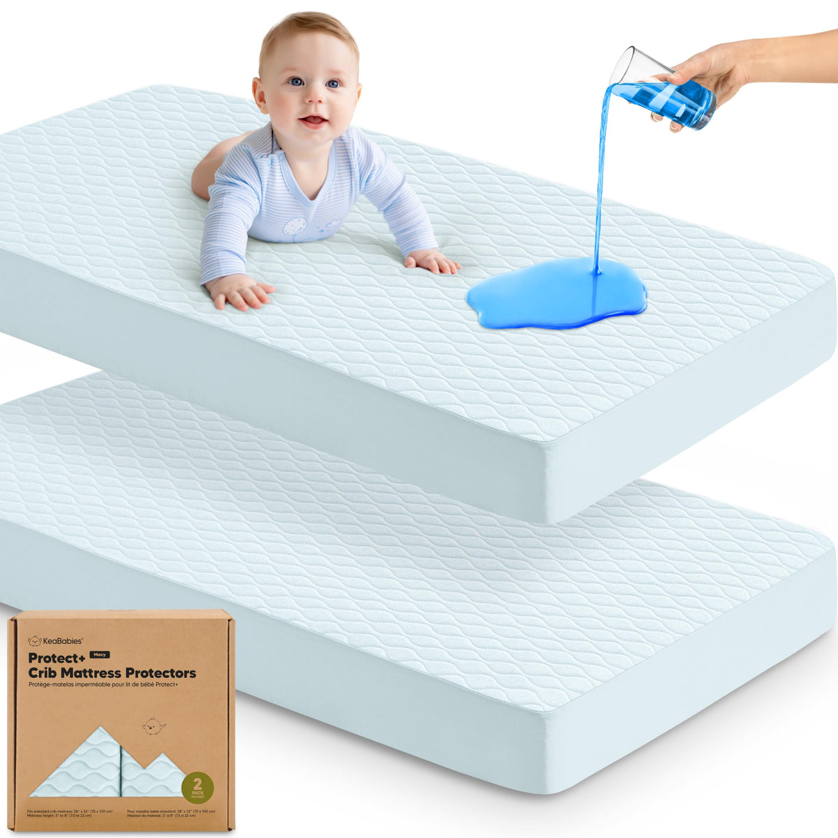 2pk Waterproof Crib Mattress Protector Cover Fitted 52x28 (Soft White/Mavy)
