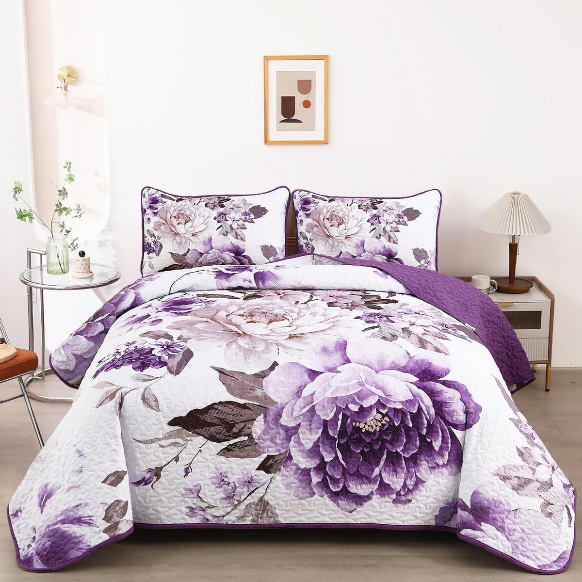 WONGS BEDDING Fall Quilt King Size, 3 Pcs Taupe Floral Bedspread Bedding