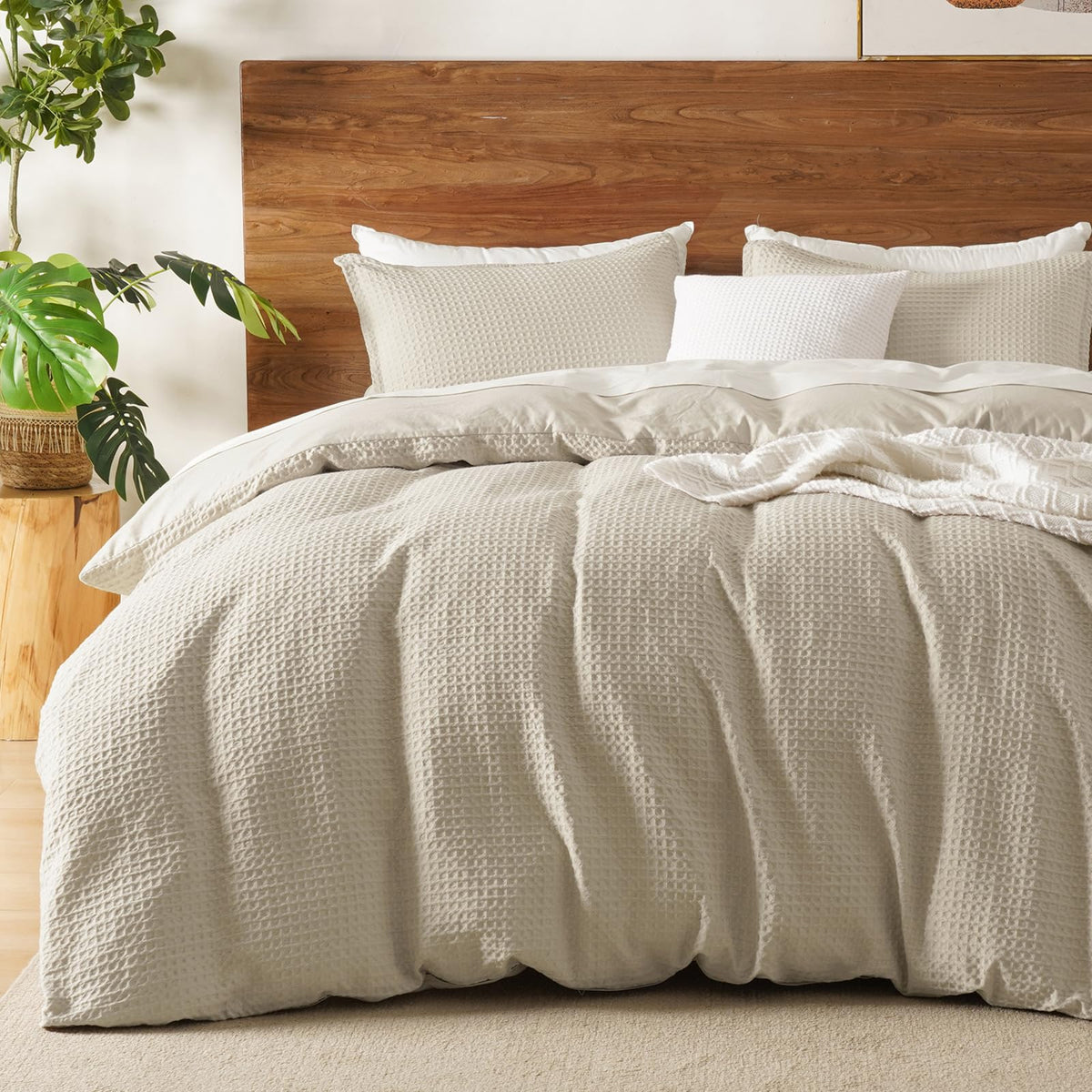 David's Home Textured Waffle Weave Duvet Cover Set, Twin, Cannoli Cream
