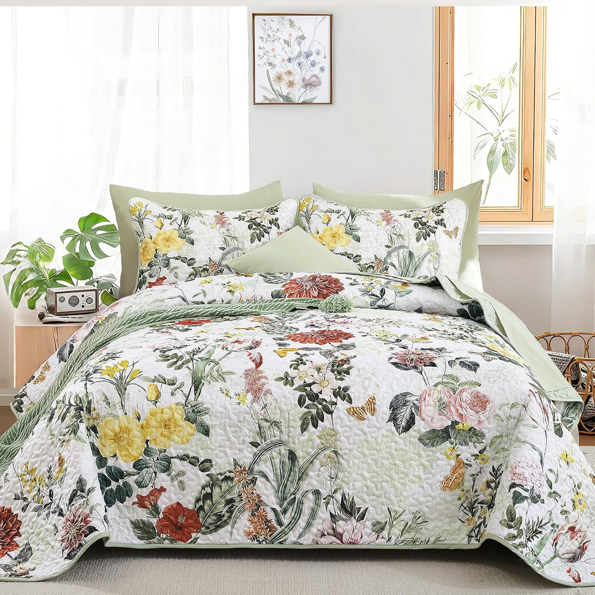 Anibedding Sage Green King Quilt Sets,3 Piece Floral Farmhouse Botanical Lightweight Bedspread Coverlet with 2 Shams Microfiber Spring Summer Bedding Set for All Season(110"x90")