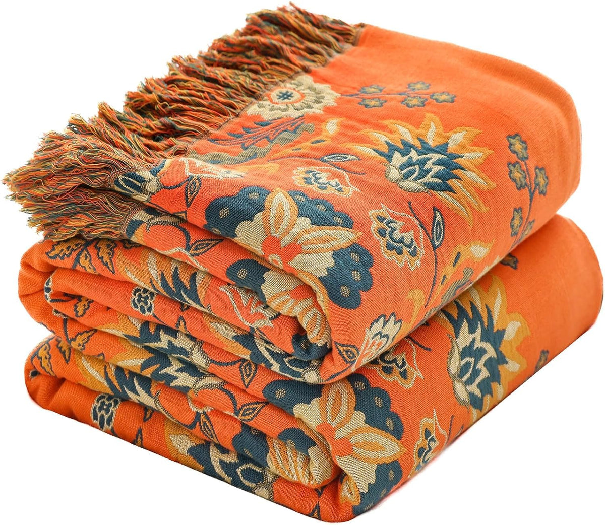 Floral Rustic Large Boho Throw Blanket 90"x98" Orange&Sage Green