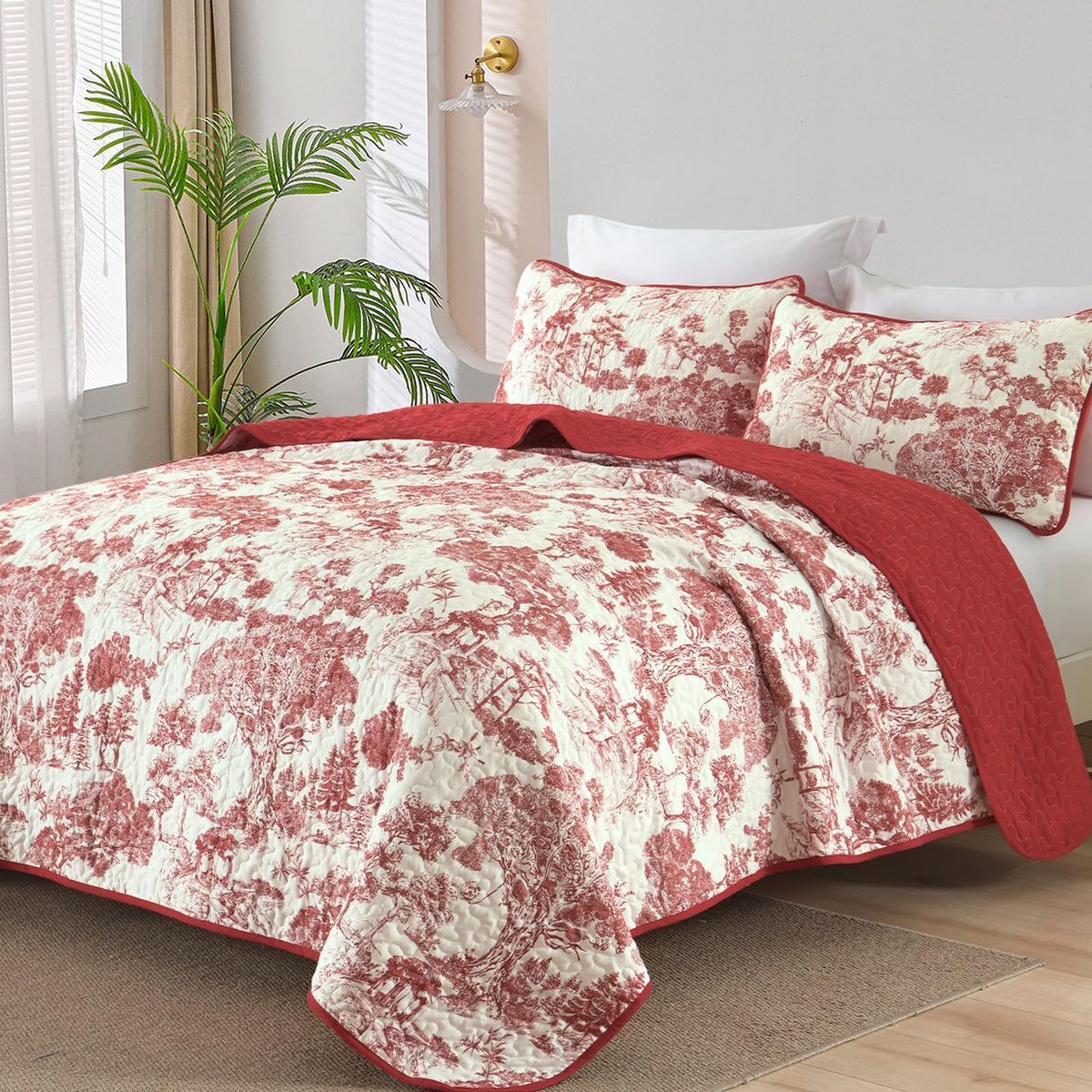 WONGS BEDDING Sage Green Quilt Set King Size, Botanical Floral Bedspread