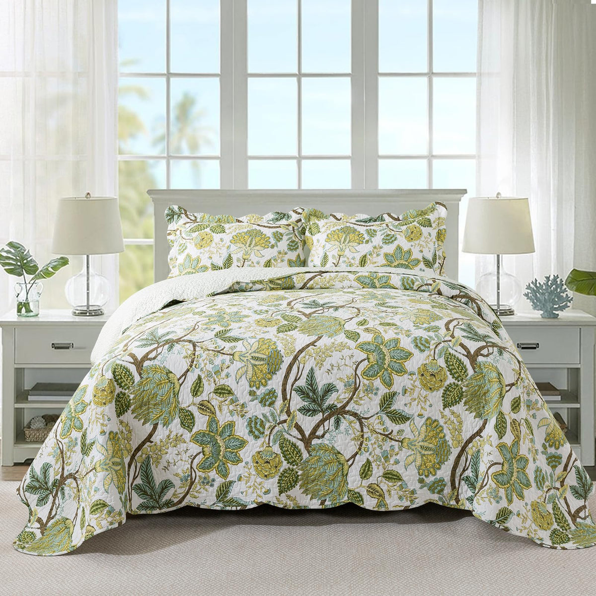 Travan 3-Piece Quilt Set Quilted Bedspread Lightweight Coverlet Set Garden Style Floral Printed Oversized Quilted Bedding Set with Shams for All Season, Exquisite, King Size