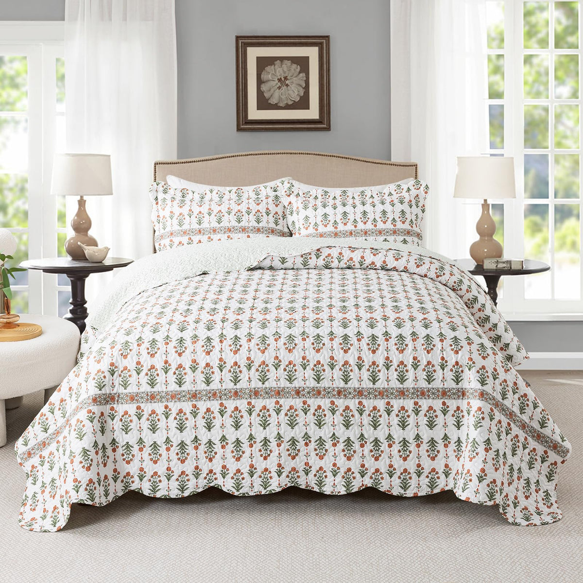Travan 3-Piece Quilt Set Quilted Bedspread Lightweight Coverlet Set Garden Style Floral Printed Oversized Quilted Bedding Set with Shams for All Season, Exquisite, King Size