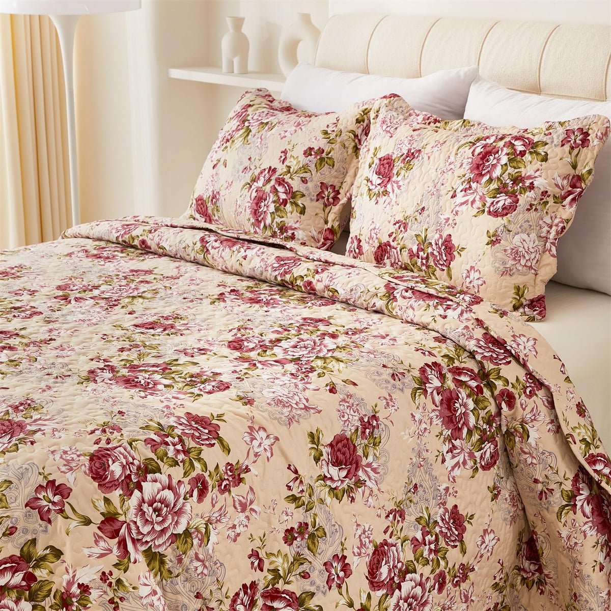 Cmfshape Summer Floral Queen Quilted Bedspread,Romantic Green Quilt Set,Reversible Stitched Bedding Cover All Season,Soft Lightweight Coverlet with Pillow Cases (Green&White, Queen90 x90)