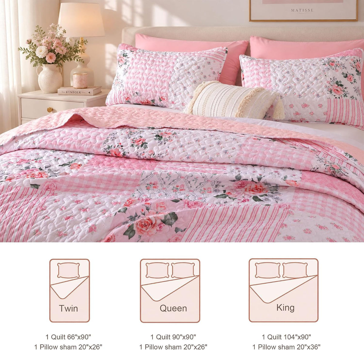 YIKUSH Floral Quilt Set Queen Size – Ultra Soft Lightweight Bedspread, 3 Piece Pink Bedding Set (90"x90") with Pillowcases (20"x26"), All Season Coverlet for Bedroom & Guest Room