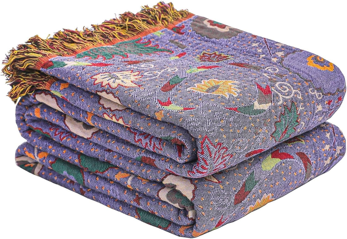 Floral Rustic Large Boho Throw Blanket 90"x98" Orange&Sage Green
