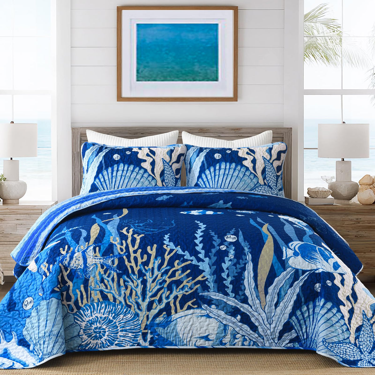 DJY Ocean Coastal Quilt Queen Size, 3 Pcs Sea Turtle Theme Bedspread Set