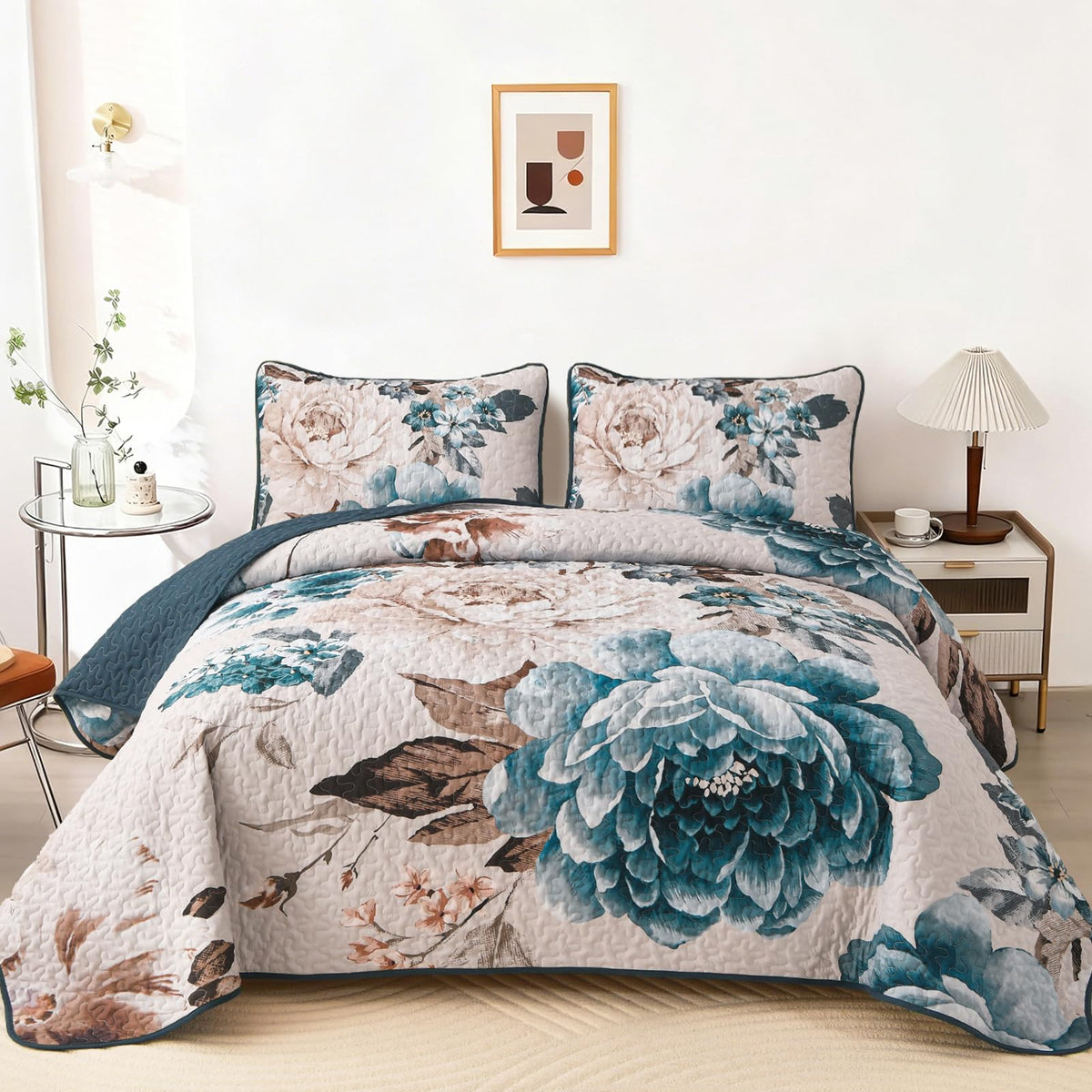 WONGS BEDDING Fall Quilt King Size, 3 Pcs Taupe Floral Bedspread Bedding