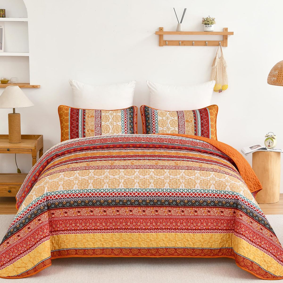 WONGS BEDDING Boho King Quilt Set，3 Pcs Light Blue Summer Bedspread