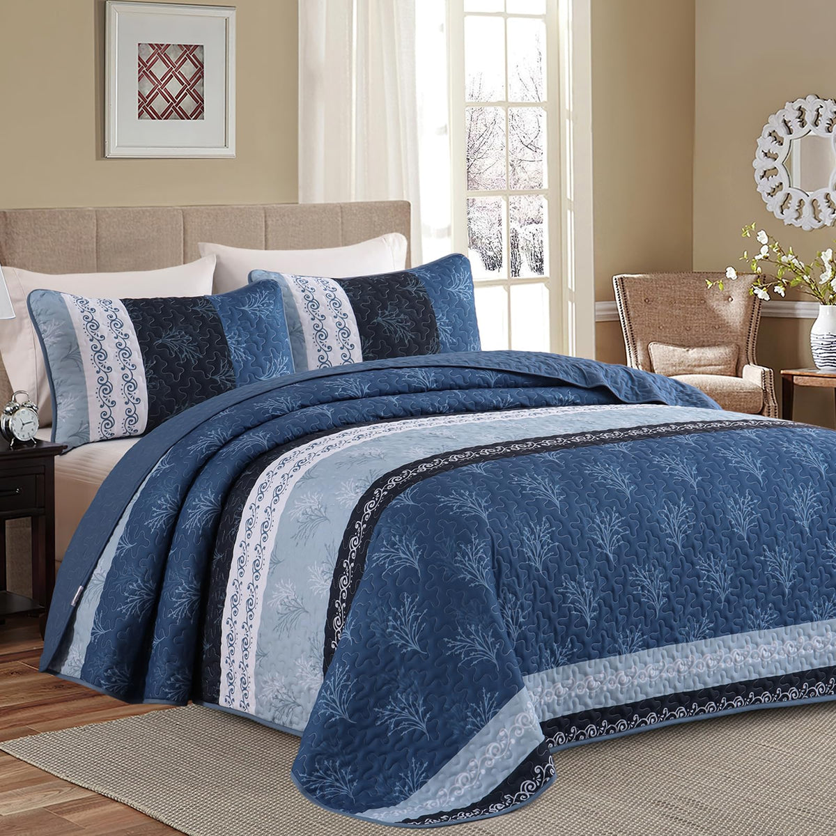 DJY Queen Quilt Set, Lightweight Striped Bedspread Bedding Set, Dark Brown