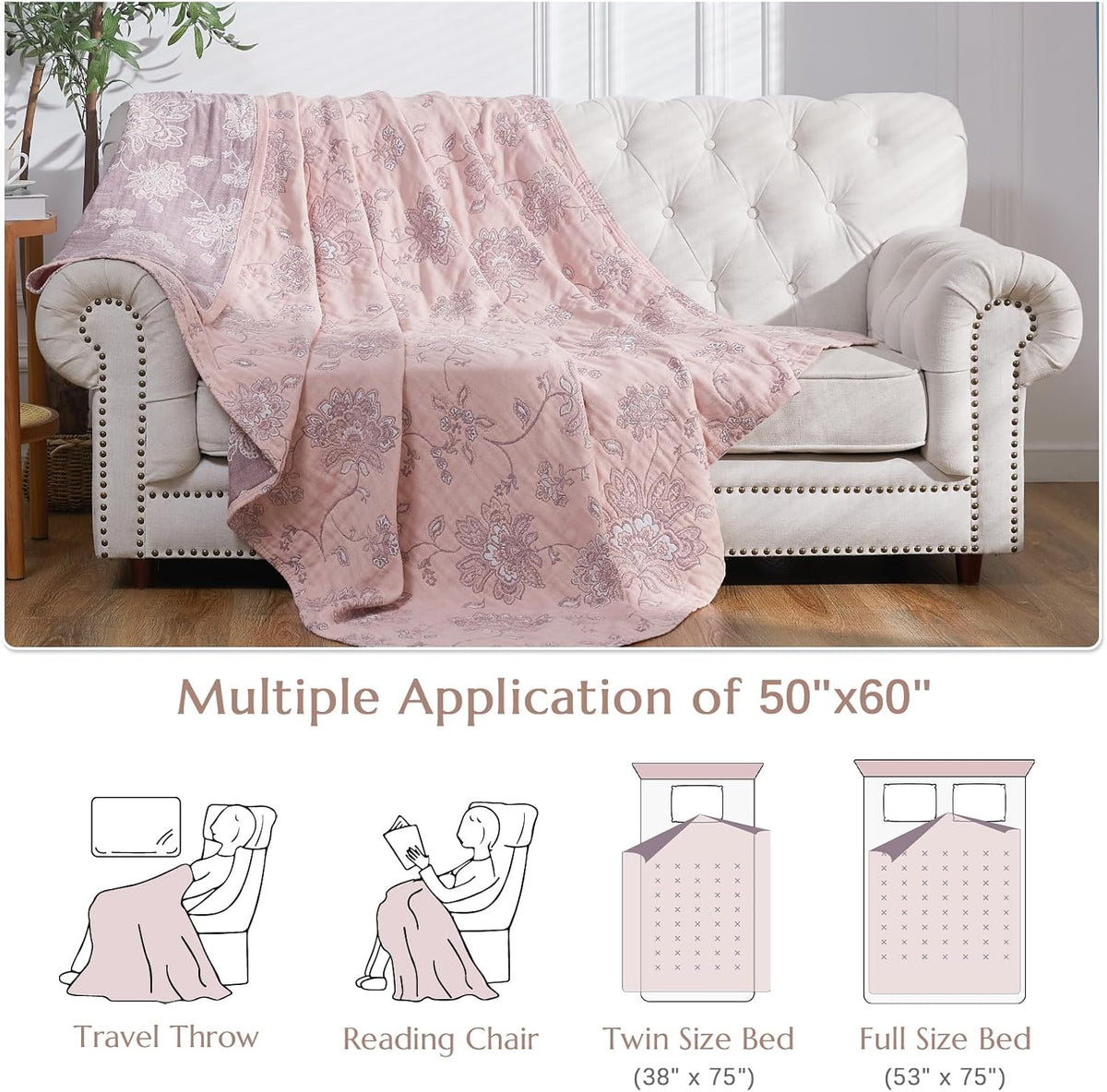 jinchan 100% Cotton Muslin Blanket Twin Boho Throw Blanket 50x60 Pink Multi