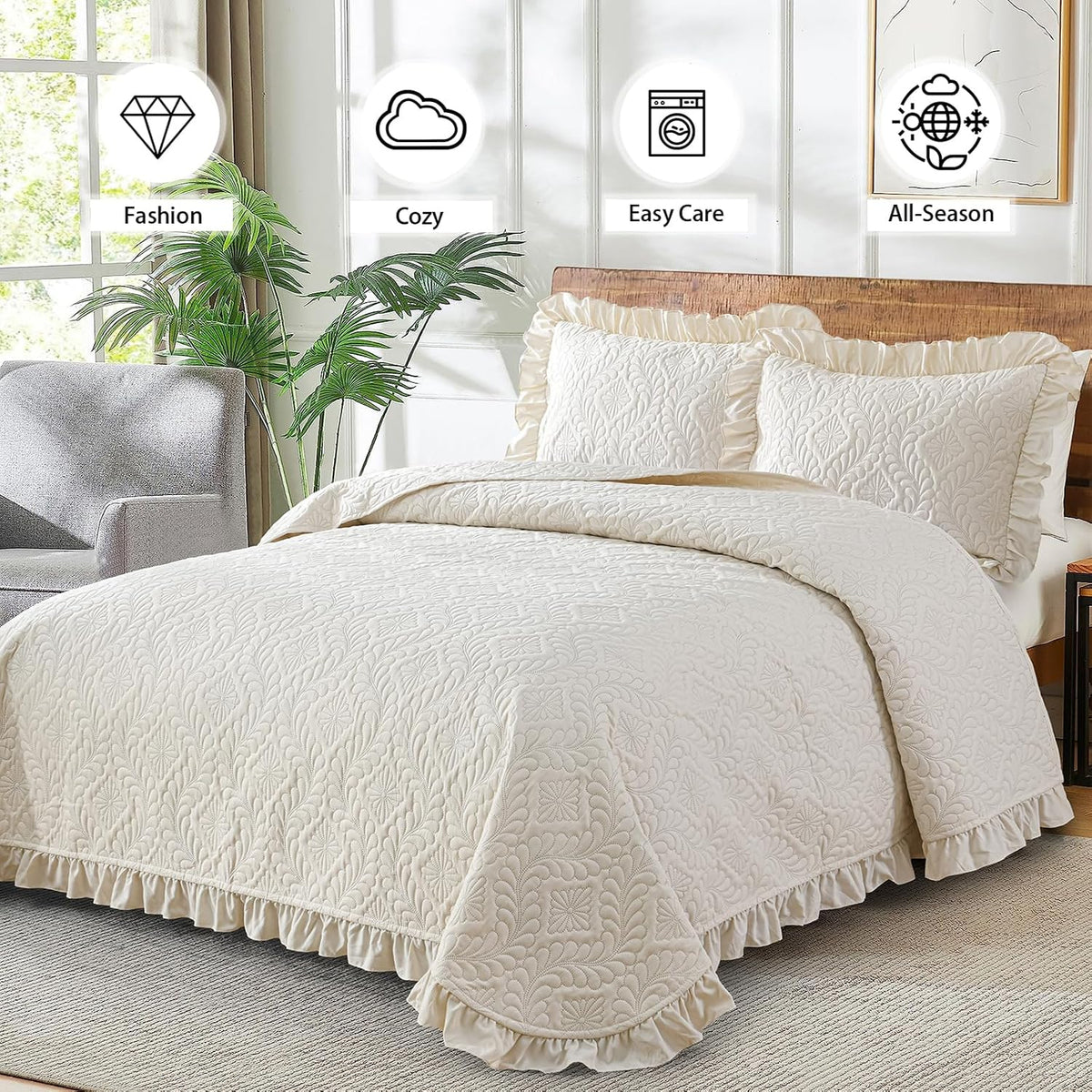 DJY Quilts Queen Size, Ruffled Reversible Bedding Set, Beige