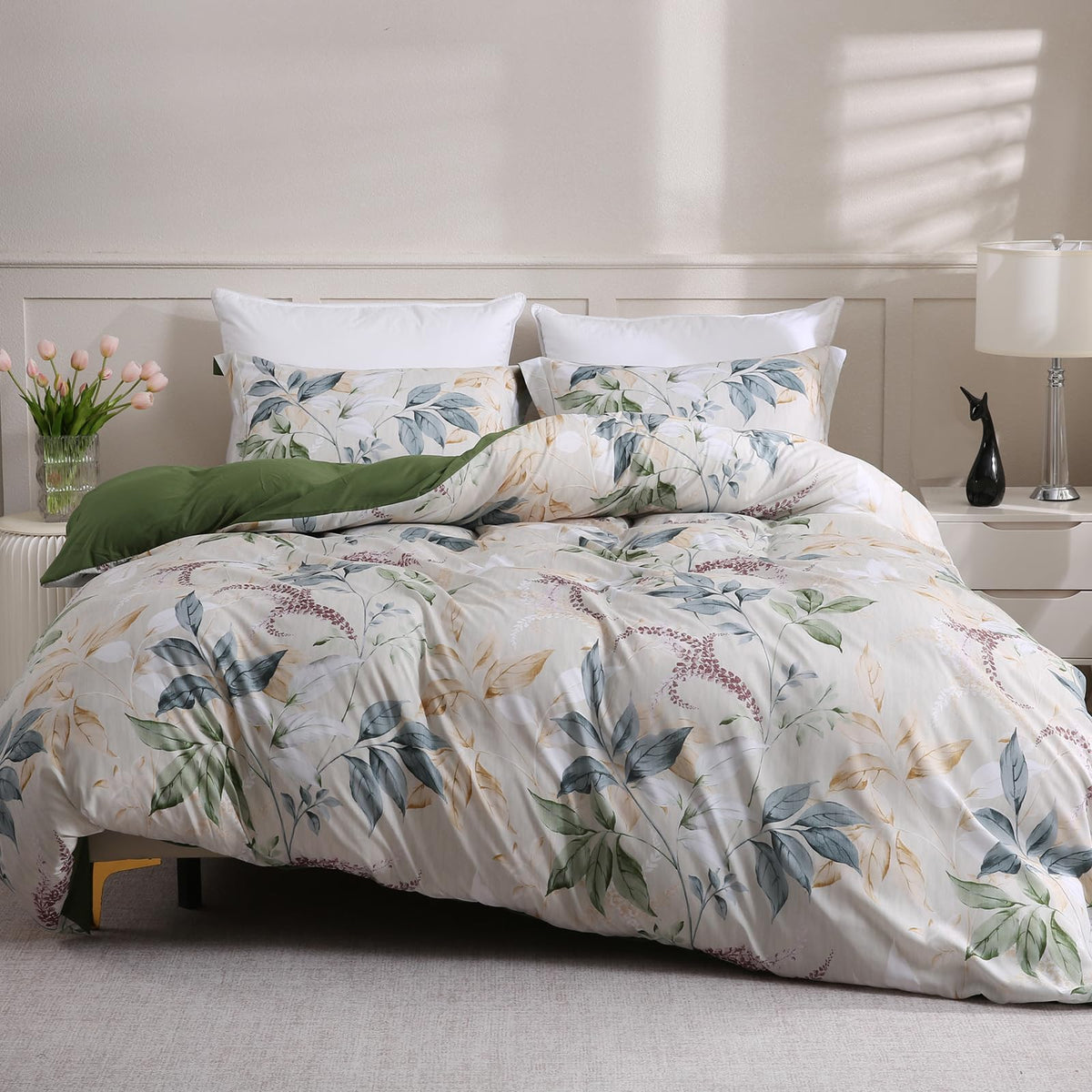 LONAVA Queen Floral 3 Pcs Duvet Cover Set, Breathable Soft Microfiber Glass Green Lining Comforter Cover with Zipper Closure, and 2 Anti-Pilling, Fade Resistant Pillowcases, Fall Floral