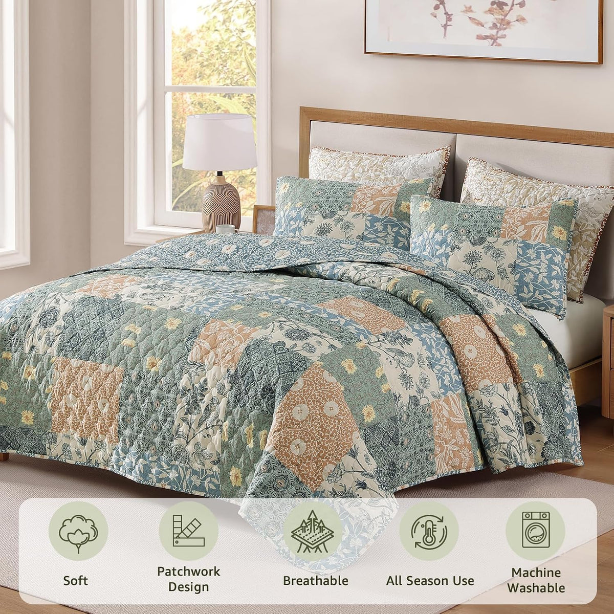 Quilts Queen Size-3 Pieces Soft Queen Bedspread Floral Patchwork Quilt