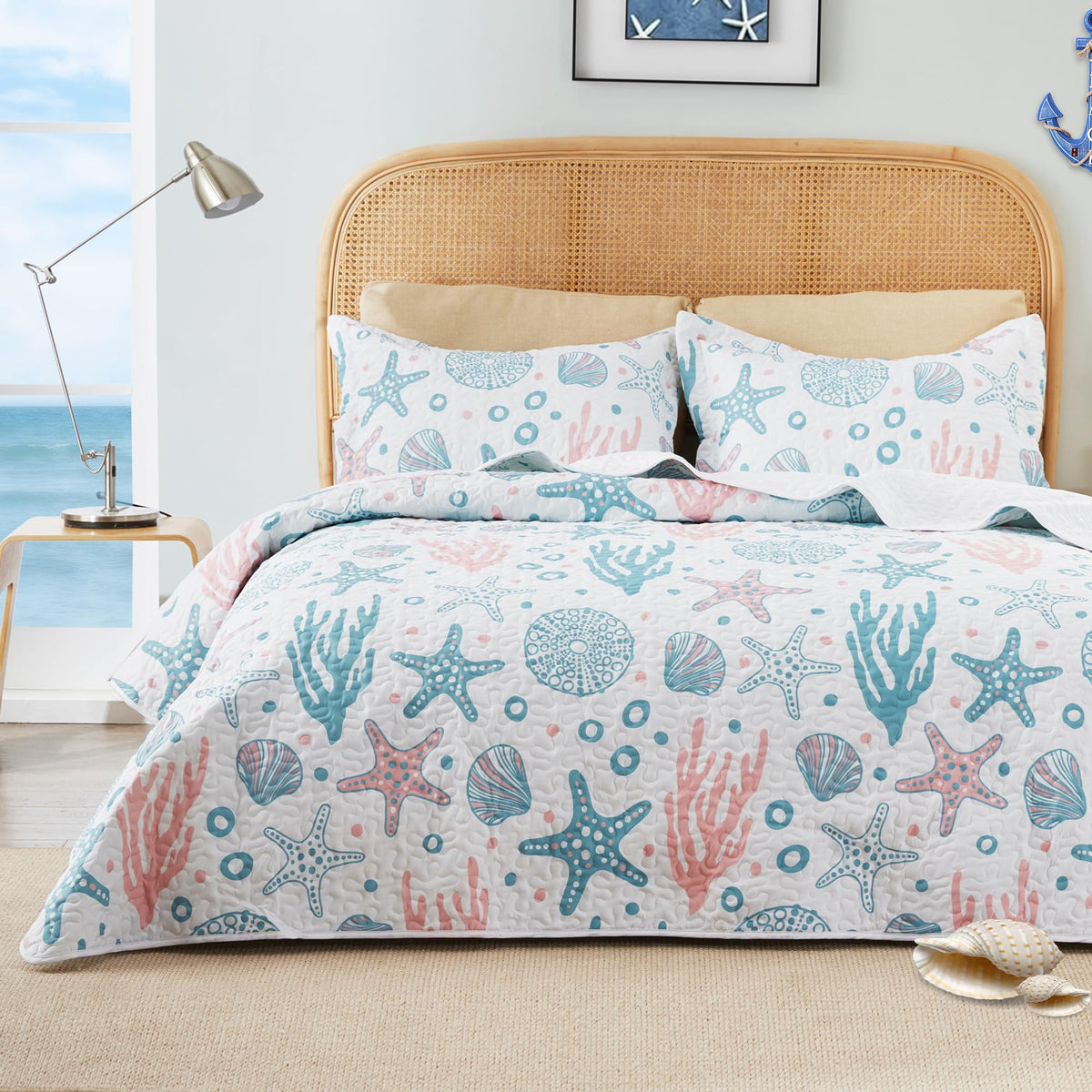 Love's cabin Quilts for Queen Coastal White Bedspreads Bedding Set - Summer Beach Nautical Quilt Lightweight Bedspread - Reversible Bedding Coverlet for All Season - 3 Piece