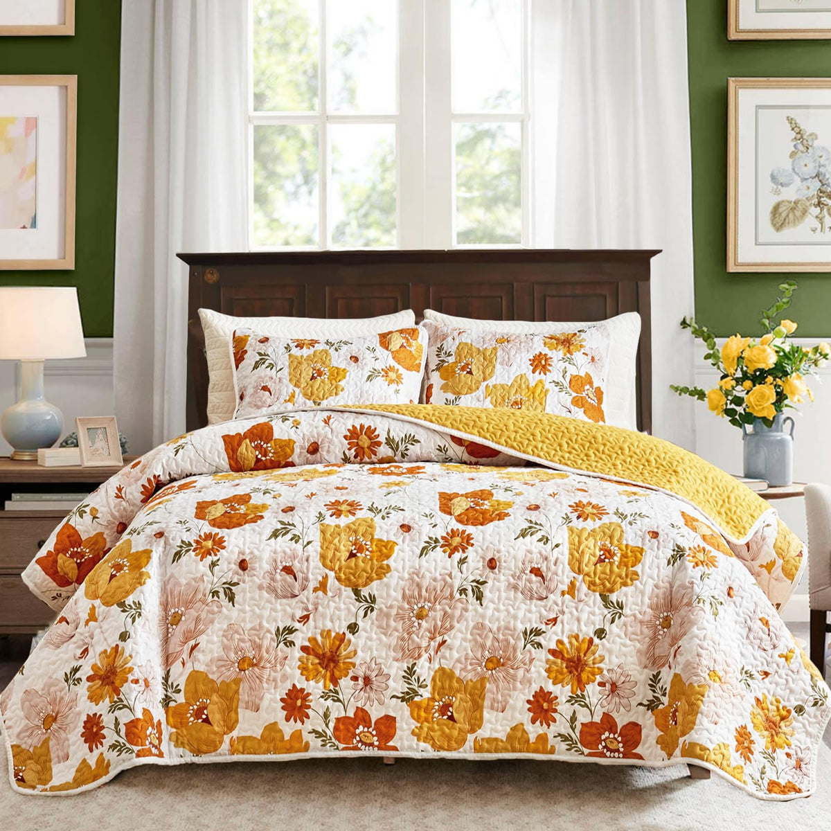 UOZZI BEDDING Floral Quilt Set 3 Pieces Queen Size White Pink Flower Soft Microfiber Lightweight Summer Reversible Coverlet Bedspread for All Season -1 Quilt 88 * 88 + 2 Pillow Shams