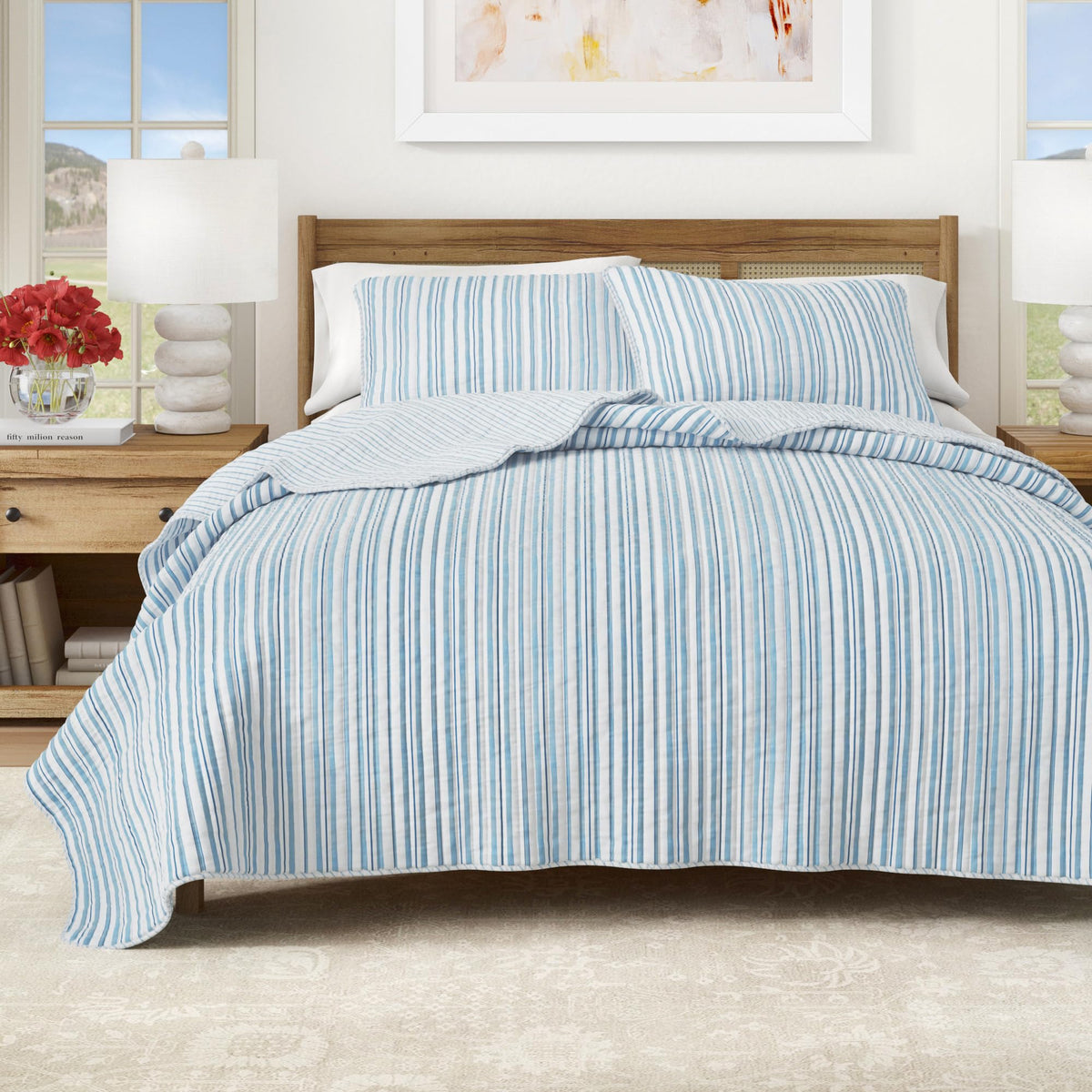 Great Bay Home Striped Printed Quilt Set - 2-Piece Twin/Twin XL Size Farmhouse Bedding Set - Lightweight, All-Season, Reversible Bedspread (Cream/Olive Green)
