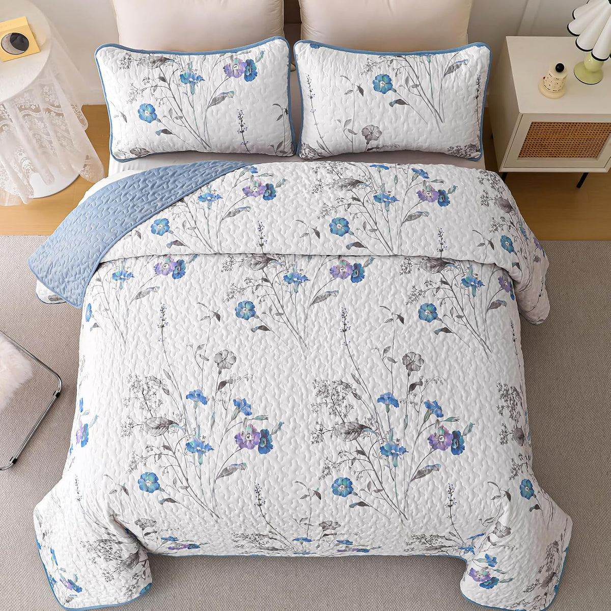 WONGS BEDDING Floral Blue Quilt Set King, 3Pcs Botanical Bedding Set