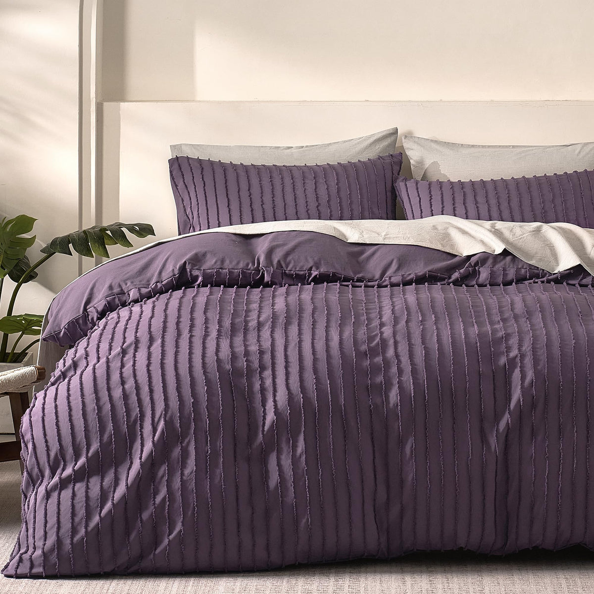 JELLYMONI White Striped Tufted Duvet Cover Set Queen Size