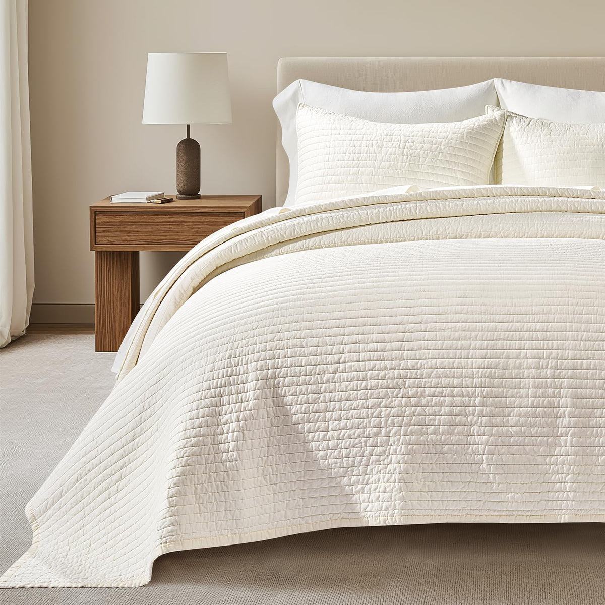 EVERGRACEHOME Cotton Sateen Quilt Set, King Size, Olive Green