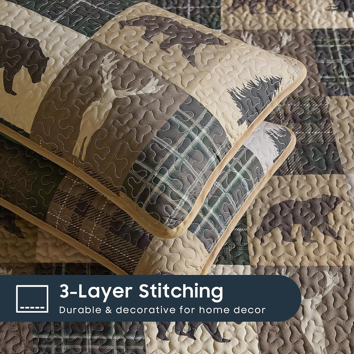 Wake In Cloud - Rustic Quilt Set, Cabin Lodge Christmas Bear Moose Deer Wildlife Western Patchwork Country, Reversible Lightweight Bedspread Coverlet, 3 Pieces, Green Brown, Twin/Twin XL Size