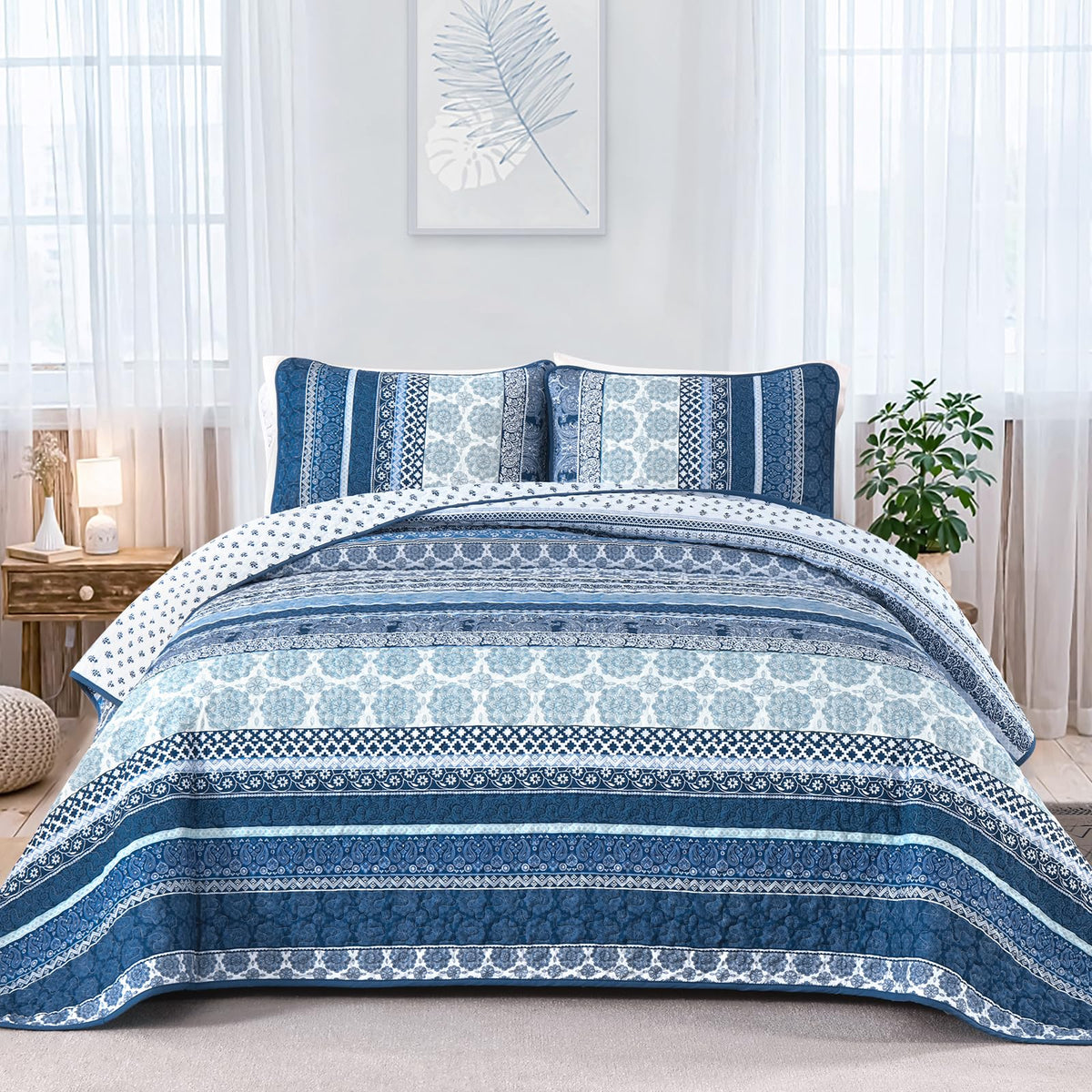 WONGS BEDDING Boho King Quilt Set，3 Pcs Light Blue Summer Bedspread