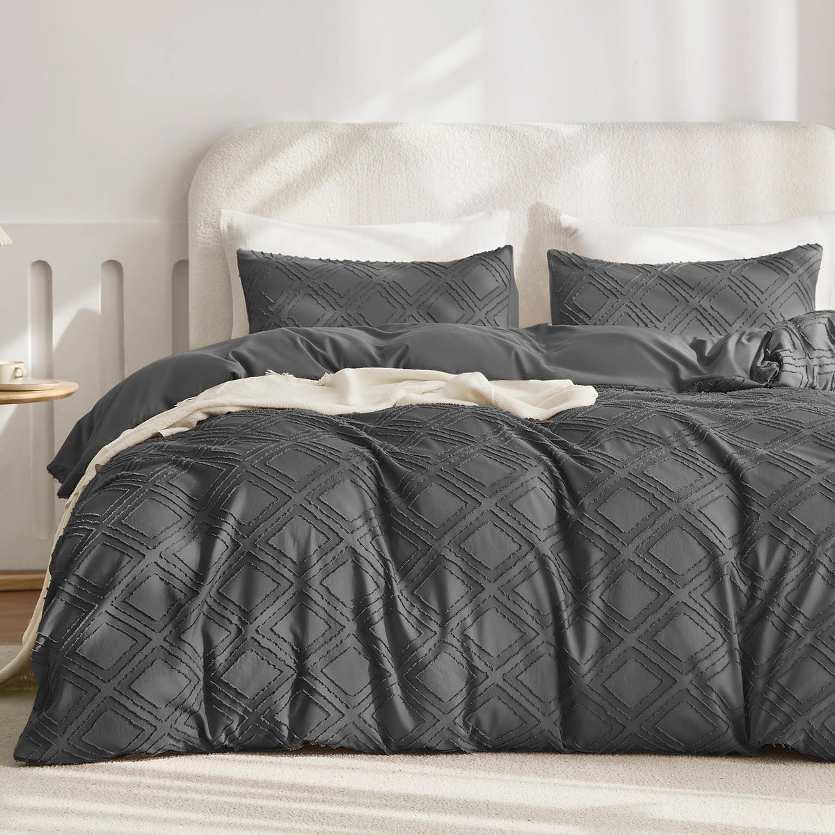 JELLYMONI White Striped Tufted Duvet Cover Set Queen Size