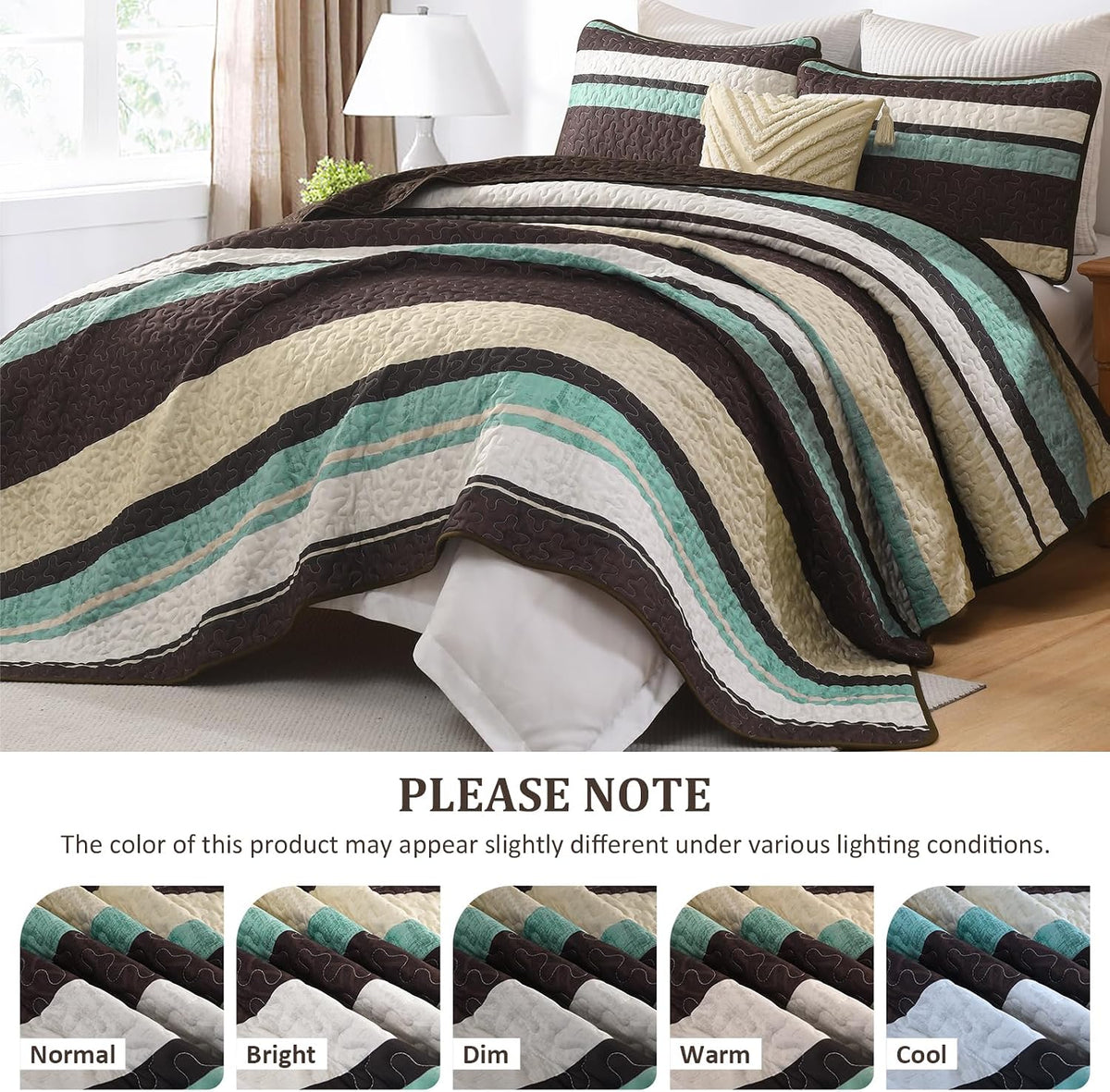 Dobuyly King Size Striped Quilt, Boho Brown Lightweight Bedspread Bedding