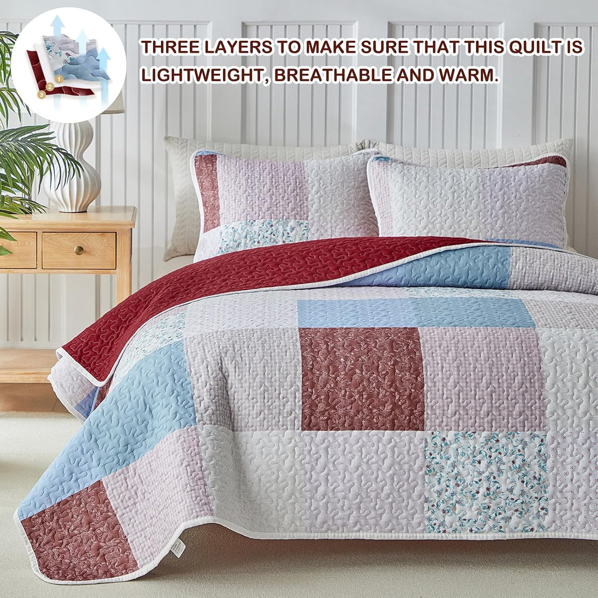 Joyreap 2pcs Floral Quilt Set Twin, Burgundy Red Botanical Patchwork Grid Design, Lightweight Cozy Bedspread Coverlet for All Season- 68x88 inches